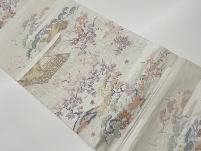 リサイクル　民家風景に松・紅葉・花々模様織出し袋帯